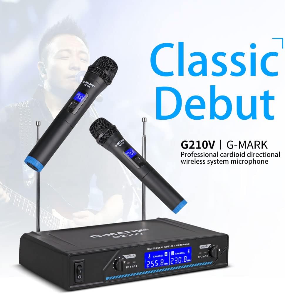 G-MARK G210V Wireless Microphone, Metal Dual Professional VHF Cordless Dynamic Mic Handheld Microphone System for Home Karaoke, Meeting, Party, Church, DJ, Wedding, Home KTV Set, 200ft