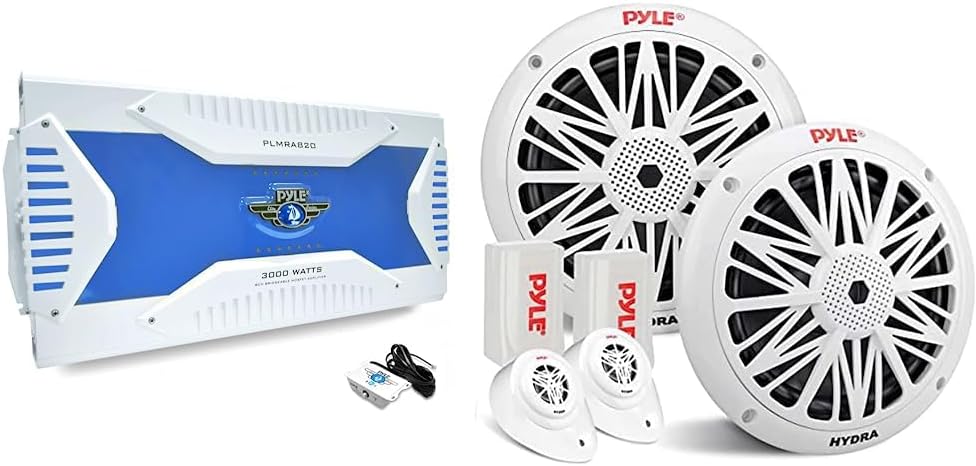 Pyle Hydra Marine Amplifier - Upgraded Elite Series 3000 Watt 8 Channel Bridgeable Amp Tri-Mode & 200 Watt Marine Speaker System - Weather Resistant Dual 2 Way 6.5 Inch Outdoor Stereo Audio