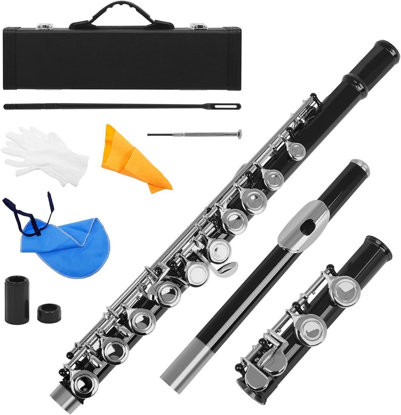 Flute Kit 16 Holes C Key Flute Western Concert Flute Cupronickel Nicke Plated Woodwind Instrument& Cleaning Cloth Stick Gloves Mini Case Intermediate Flute (Color : Black)