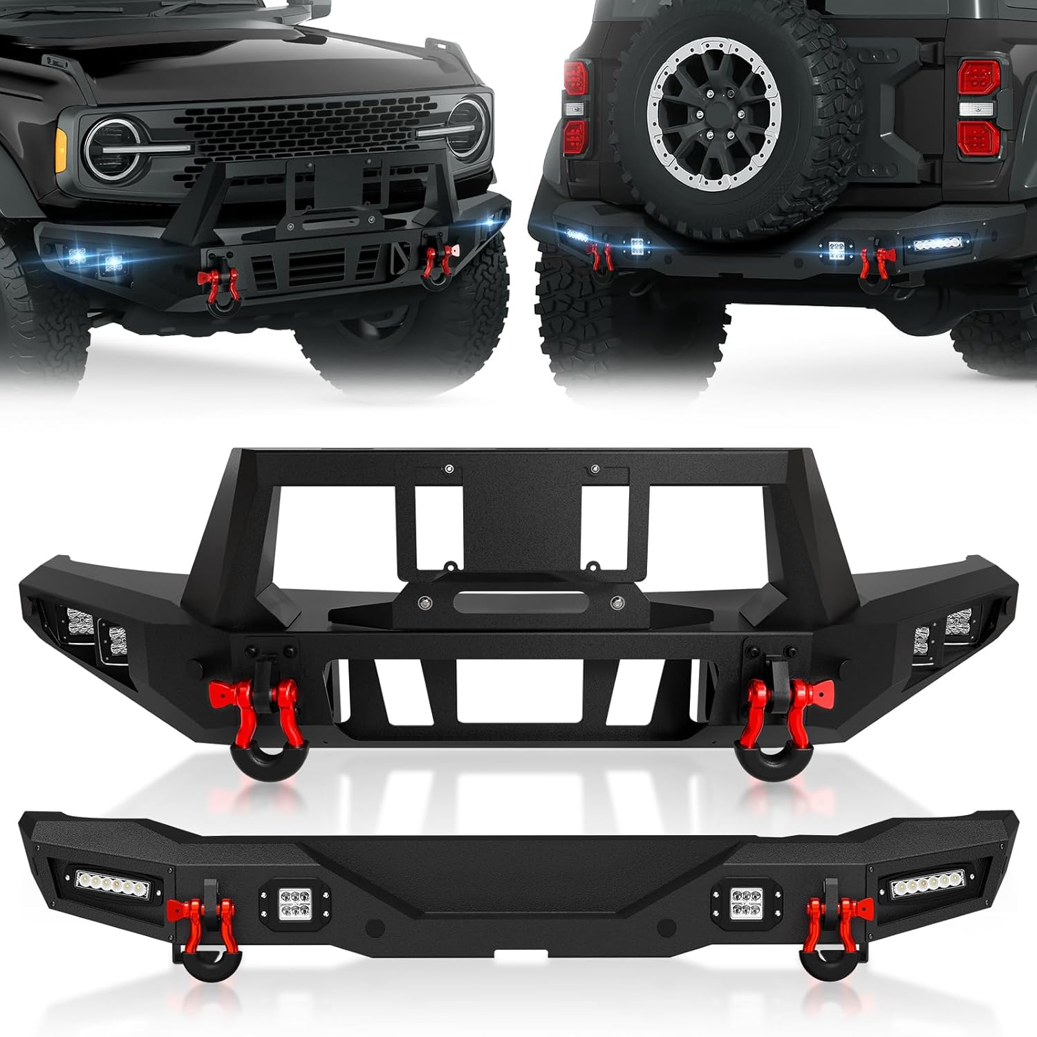 for Bronco Front and Rear Bumpers Compatible with 2021-2026 Ford Bronco Off-road Bumper with License Plate, Paintable Armor, Winch Plate, 8 x LED Lights, Sensor Holes, D-Rings (2/4 Doors, Black)
