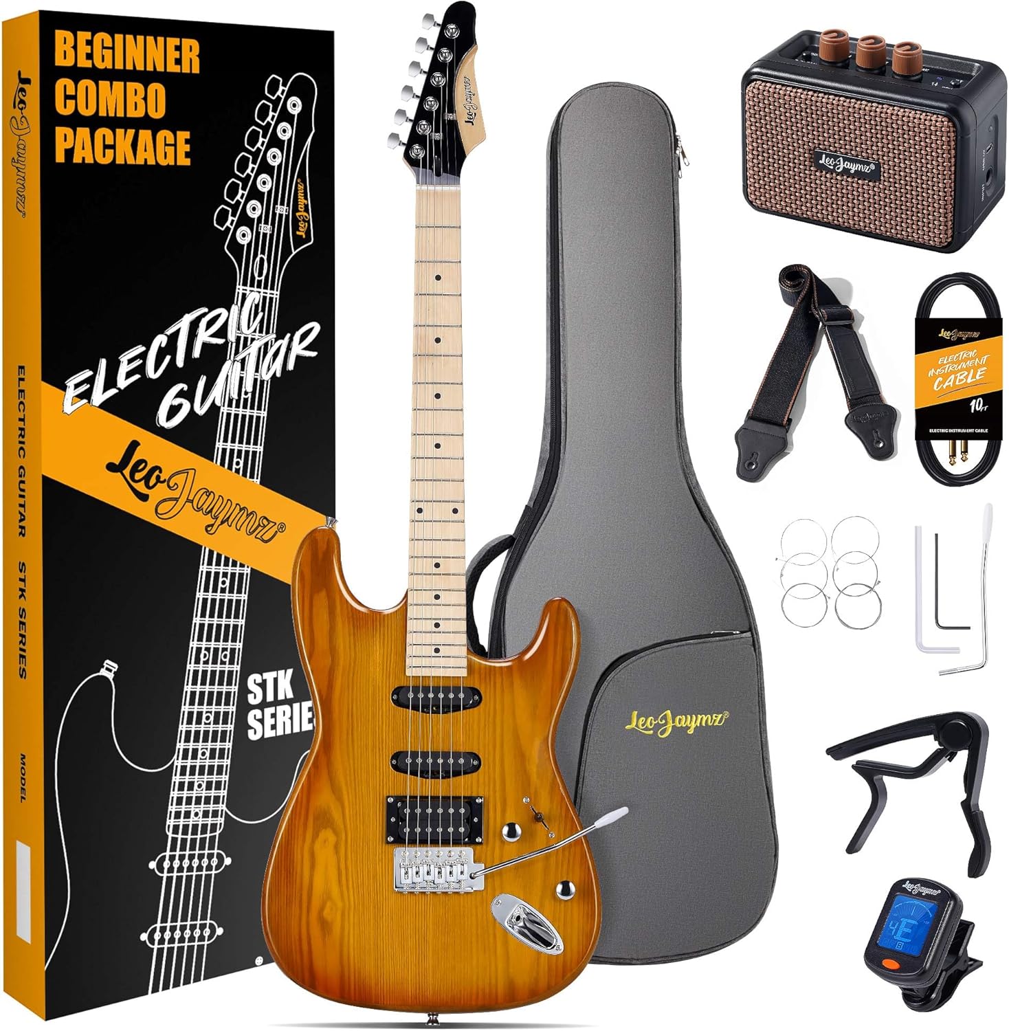 Leo Jaymz 39 Inch Full Size Electric Guitar Kit Electric Guitar Beginner Kits - Portable Amp,Digital Tuner,Gig Bag,Strap,Cable (Vinatage Sunburst)
