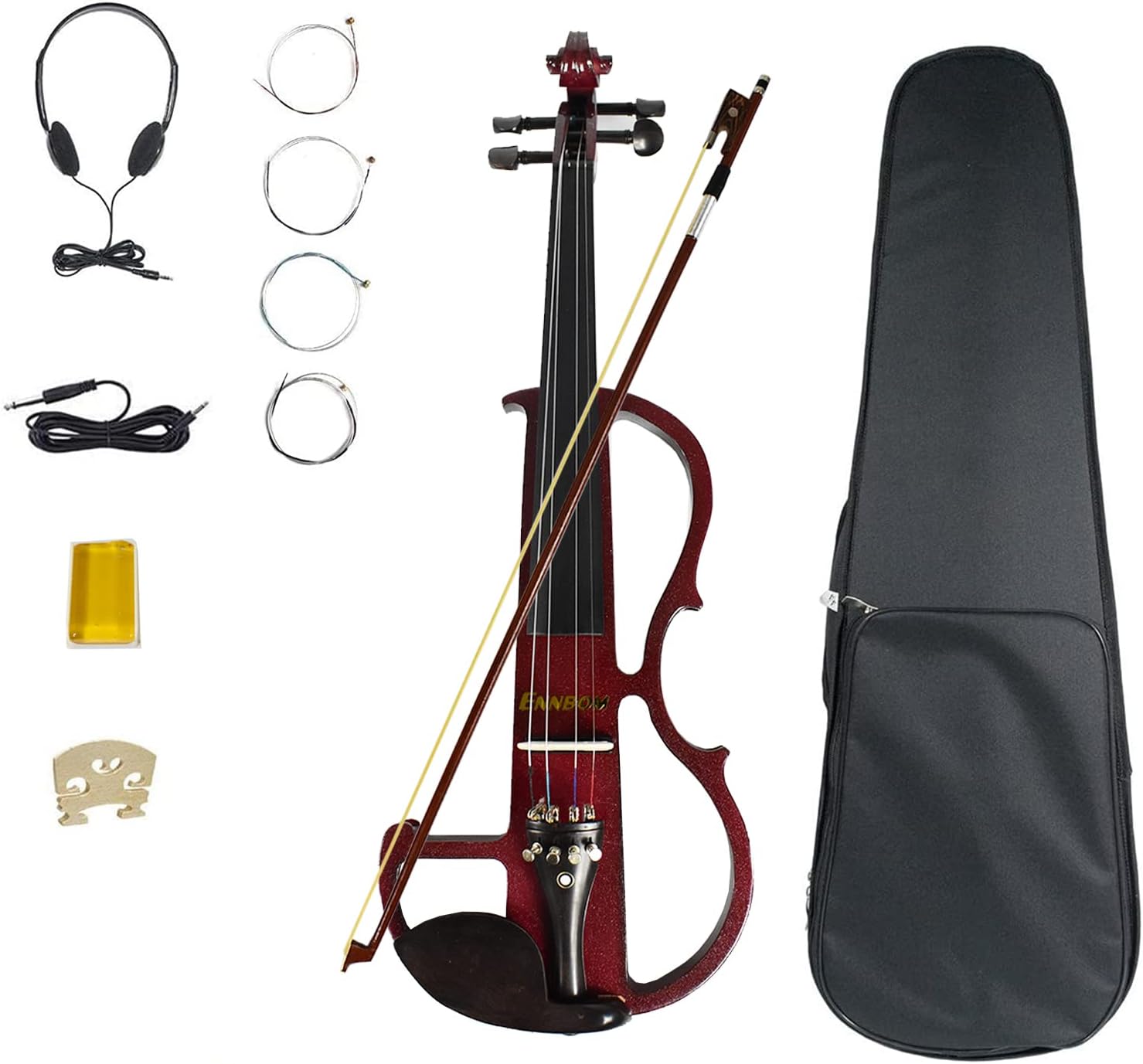 ENNBOM Beginner 4/4 Electric Violin Ebony Silent Violin Electric Violin Introductory Set (Wine red)