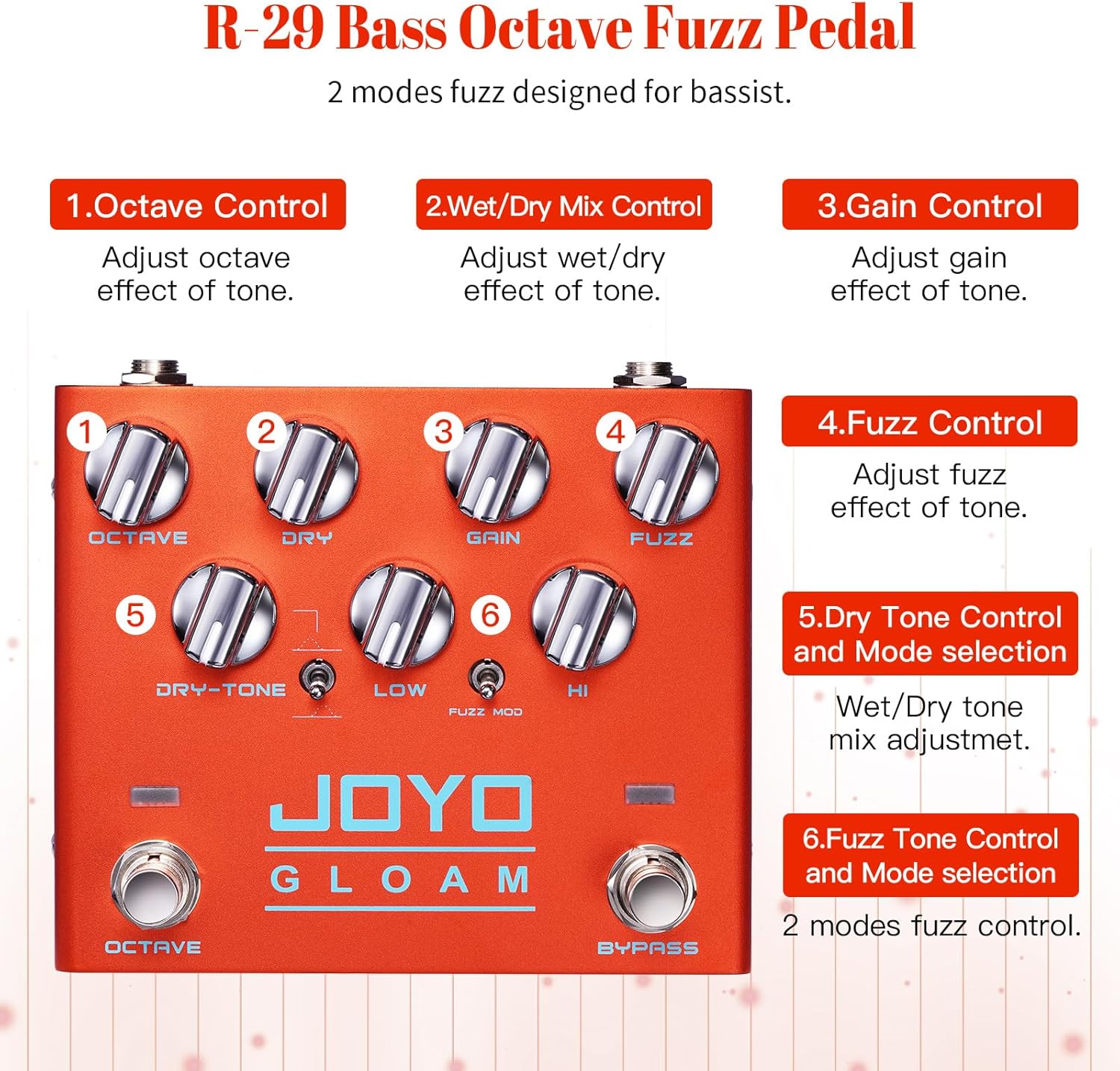 JOYO Bass Guitar Pedals Octave Fuzz Effect Pedal High Gain with Dual Independent Footswitch for Bassist Electric Guitar Bass (GLOAM R-29)