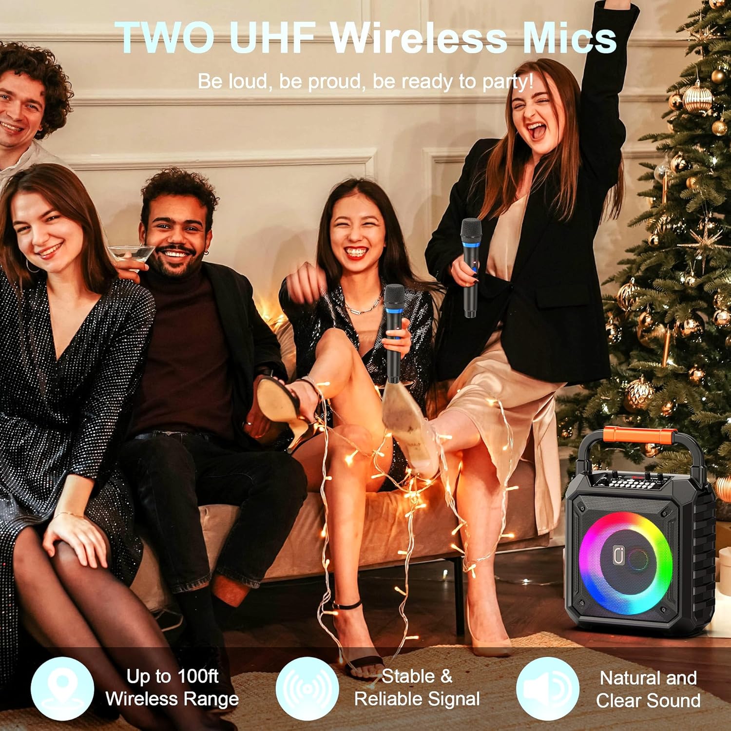 Karaoke Machine HWWR, Pro Karaoke Speaker with 2 Wireless Microphones, Portable Design 5.3 Bluetooth for Adults Kids Gifts with DJ Lights for Home Party, Outdoor Events, Supports FM/USB/AUX/REC/TF