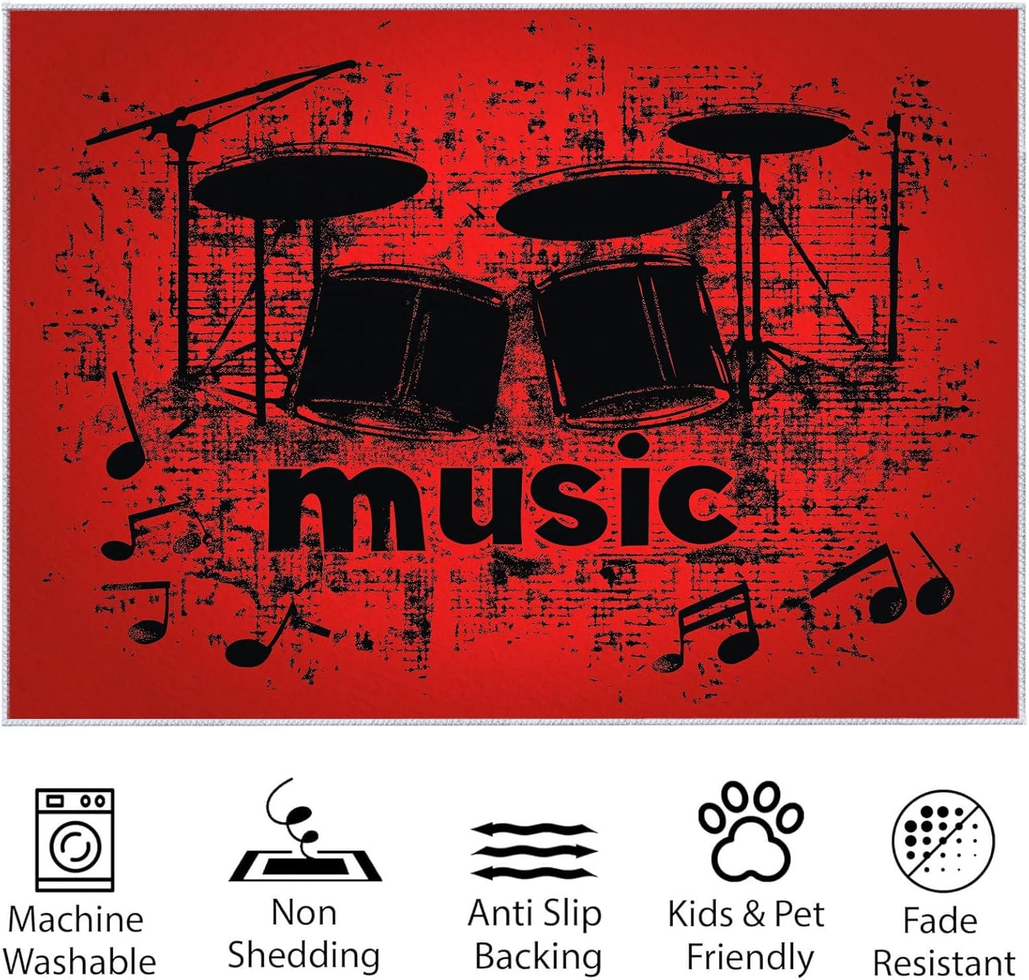 Machine Washable Rug 4x6 ft Washable Area Rugs Red Musical Note Drum Wheel Non Slip Carpets for Living Room Bedroom, Low Pile Stain Resistant Carpet, for Nursery Office Home Decor