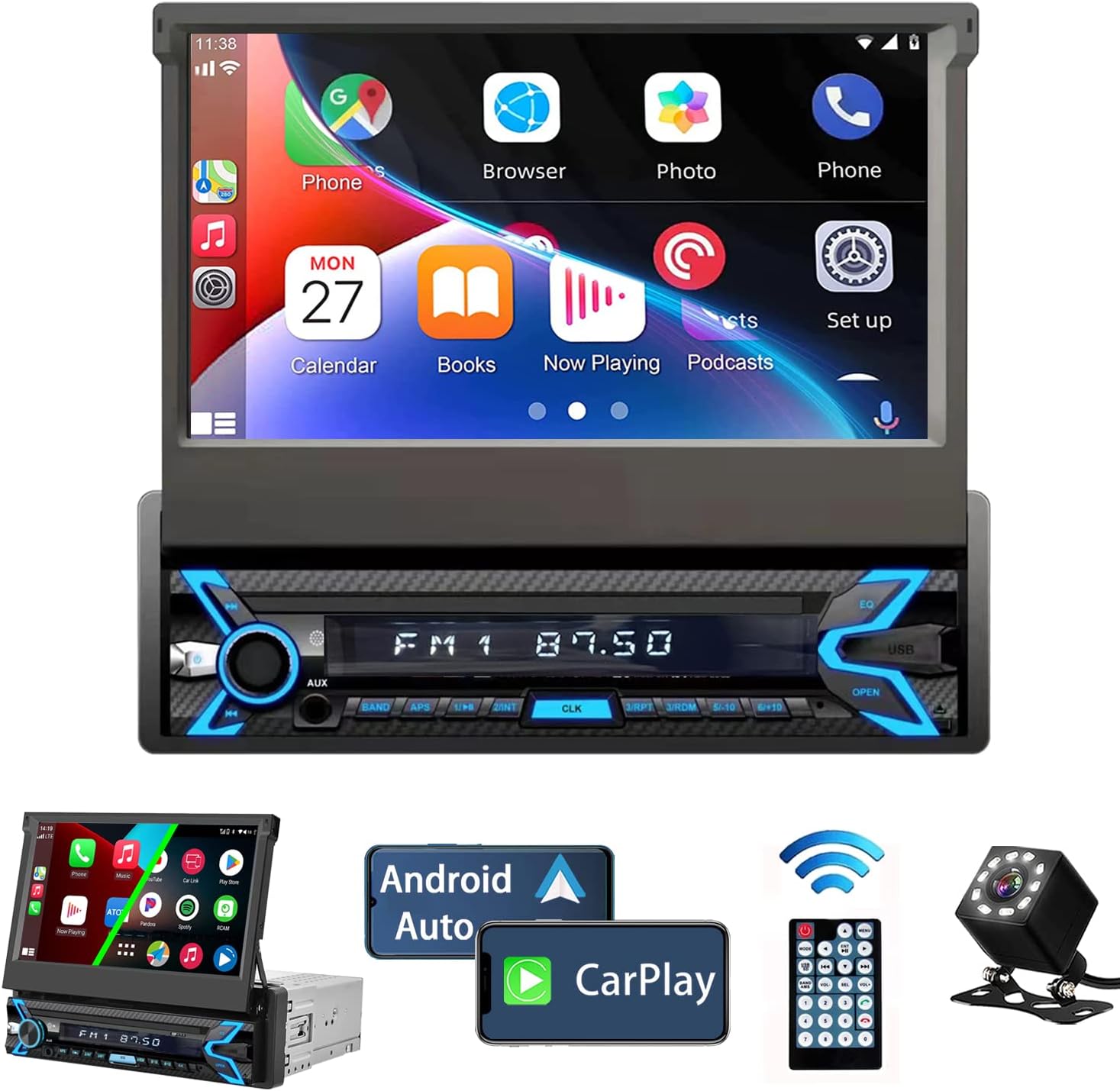Naifay Single Din Car Stereo Compatible with Apple Carplay & Android Auto, 7inch Flip Out Touchscreen Car Radio with Bluetooth Foldable Car Audio Receivers, Mirror Link/Camera/FM/USB/AUX/TF/Subwoofer