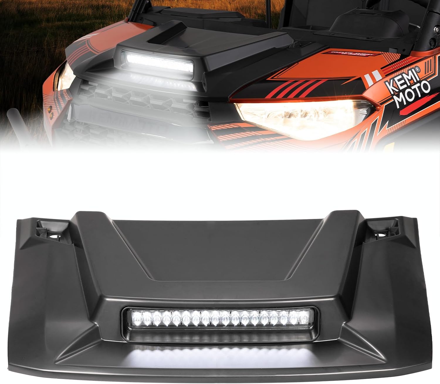 KEMIMOTO Hood Scoop with LED Spot Light Compatible With Polaris Ranger XP 1000/ Ranger Crew XP 1000 2018-2023 2024, Hood Scoop with LED Auxiliary Light Kit Accessories