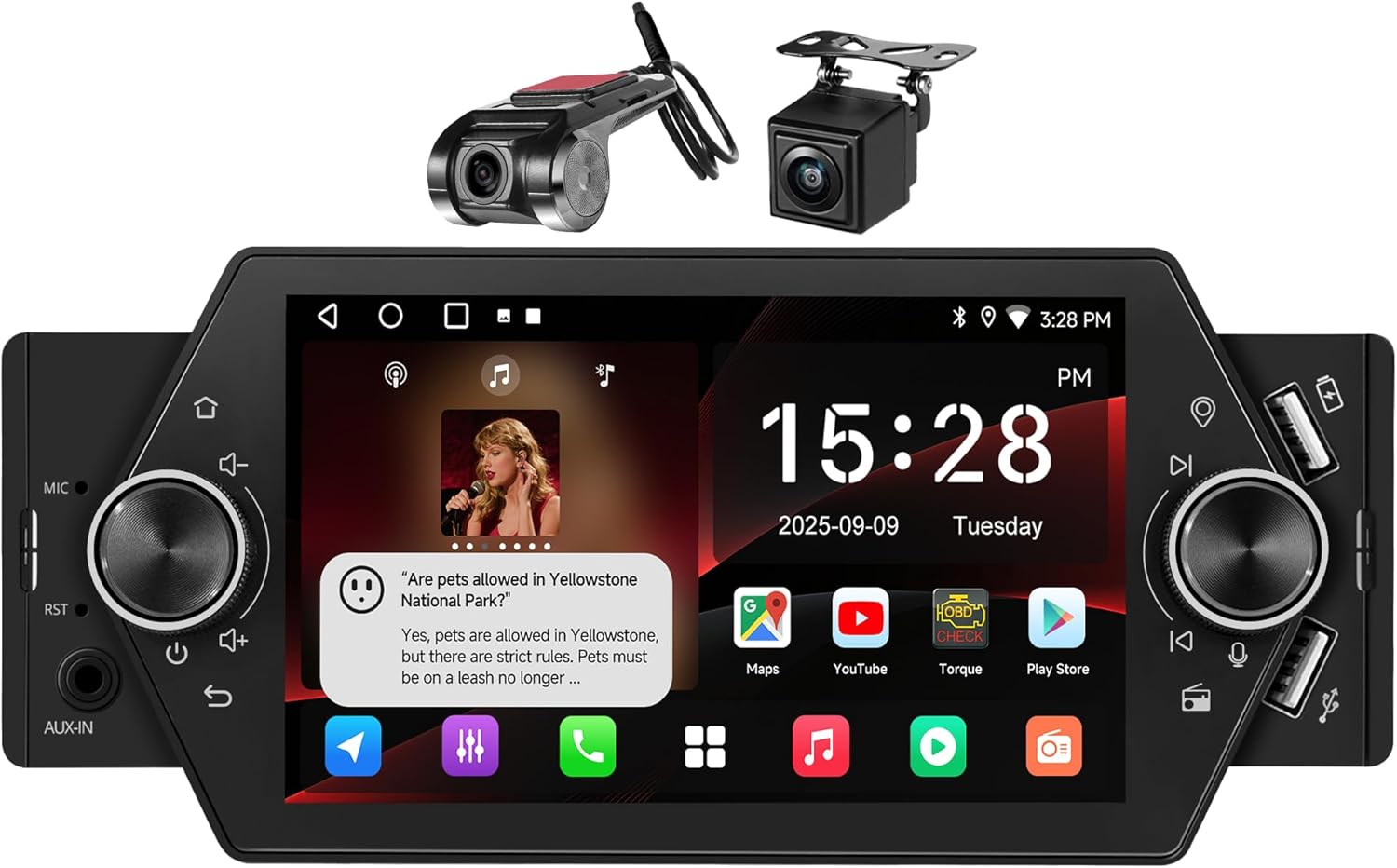 A5L Android Single Din Car Stereo, 1080P DVR Dashcam&Backup Camera, 5 Inch Car Radio Wireless CarPlay&Android Auto, Wi-Fi/Bluetooth/AUX-IN, USB Fast Charging, SD Card Slot, GPS, EQ, DSP, LRV