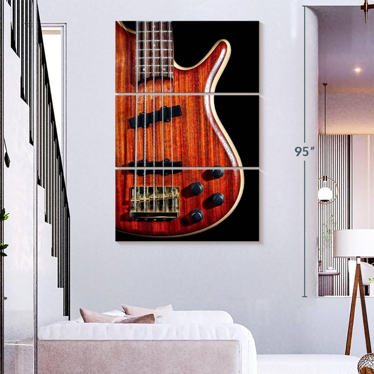 ElephantStock - Wooden Bass Guitar Wall Art - Vertical Multi Panel Canvas - 3 Piece Living Room Wall Decor - Photography Music Multi Piece Wall Art - Red And Black Decor - 48