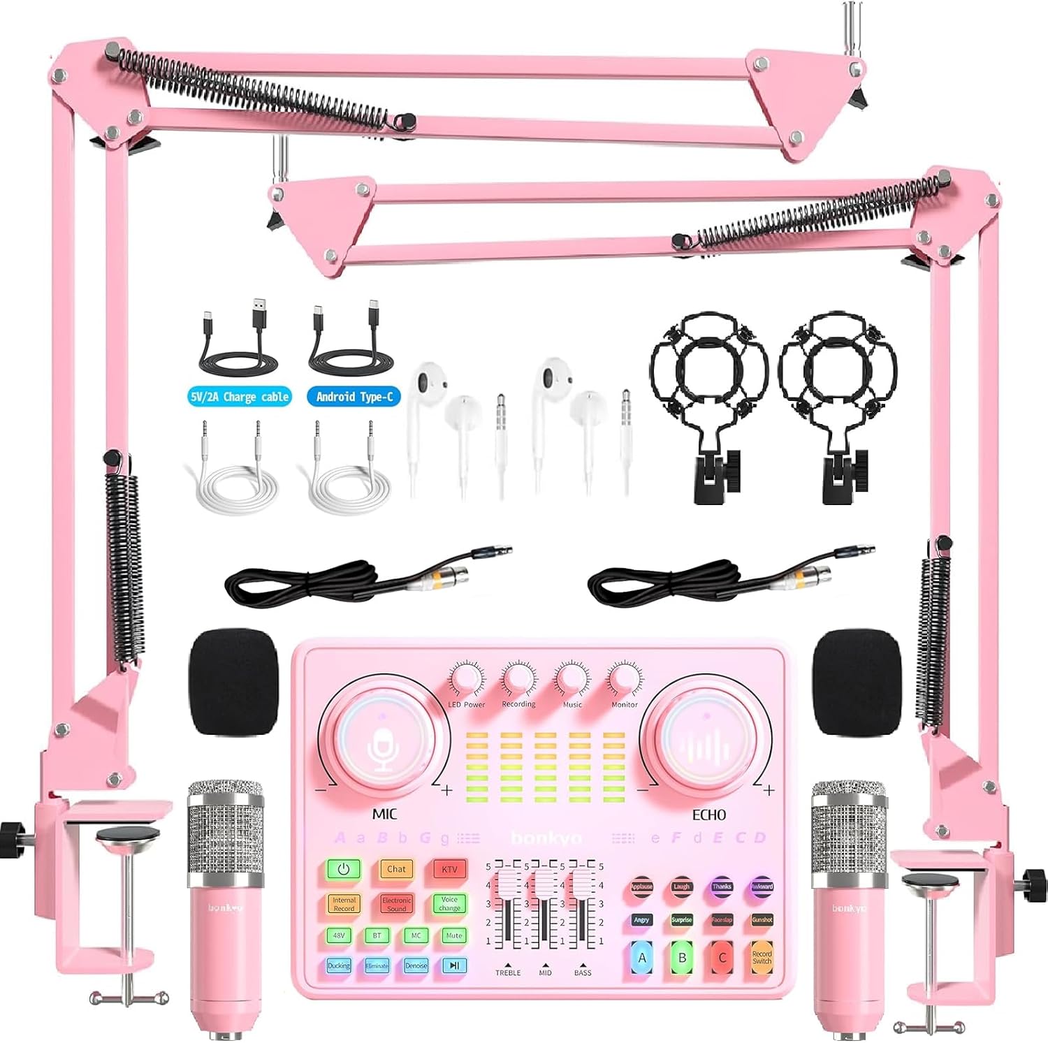 Podcast Equipment Bundle for 2: Audio Interface & DJ20 Mixer with XLR Mic, Voice Changer, 2400mAh Battery for Podcasting, TikTok Live Streaming, and Gaming (Pink)