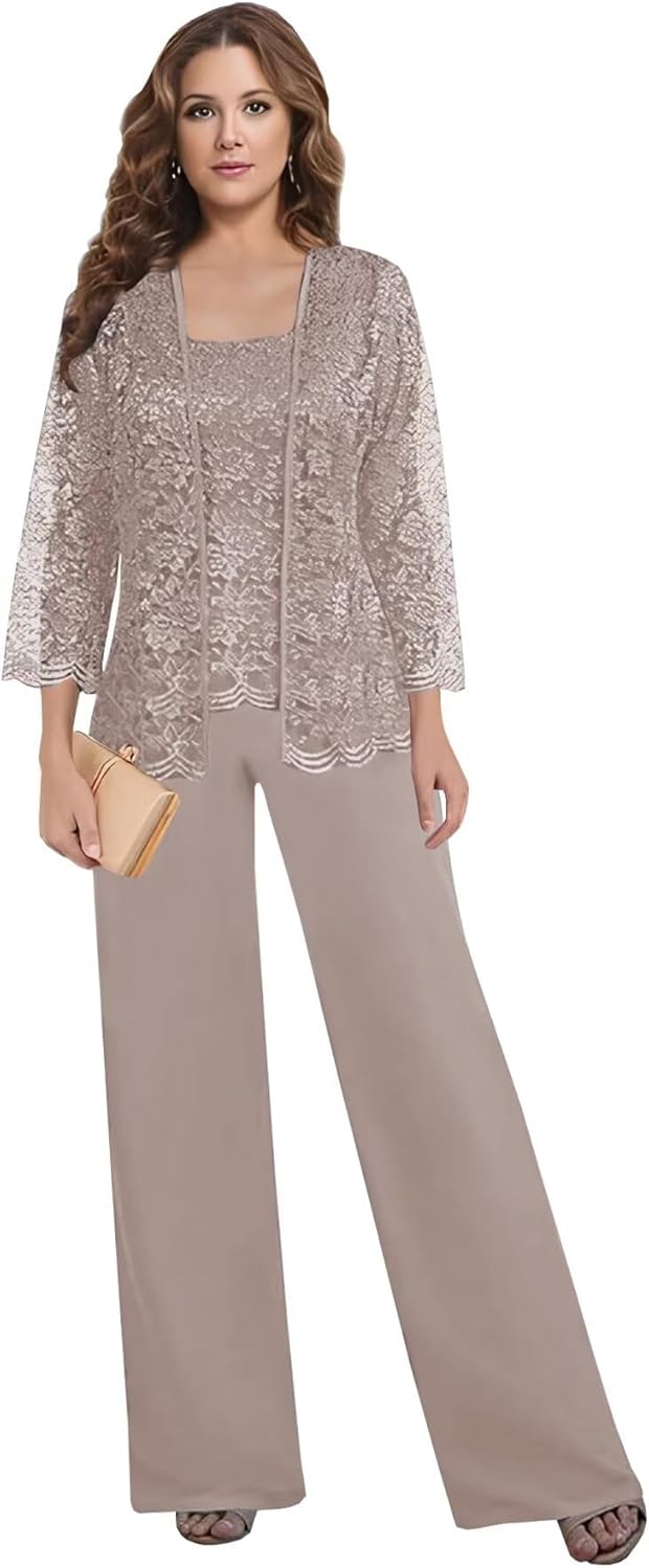 3 Pieces Pant Suits for Women Dressy - Chiffon Lace Mother of The Bride Pant Suits for Wedding with Jacket Taupe