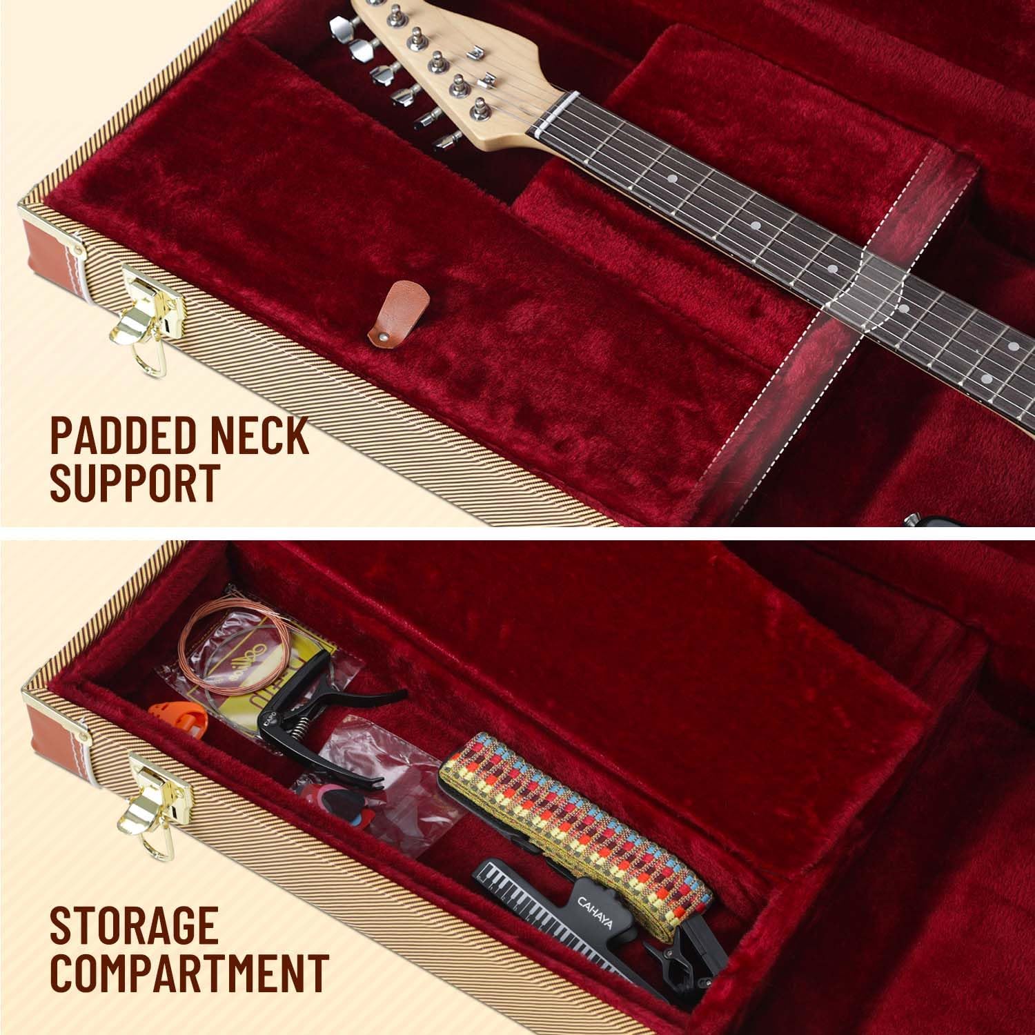 CAHAYA Guitar Case Electric Hardshell: 0.98inch Thick Padding Only for ST Electric Guitars Hardshell Wood Guitar Gig Case with Padded Comfortable Handle and 2 Keys Yellow CY00365-1