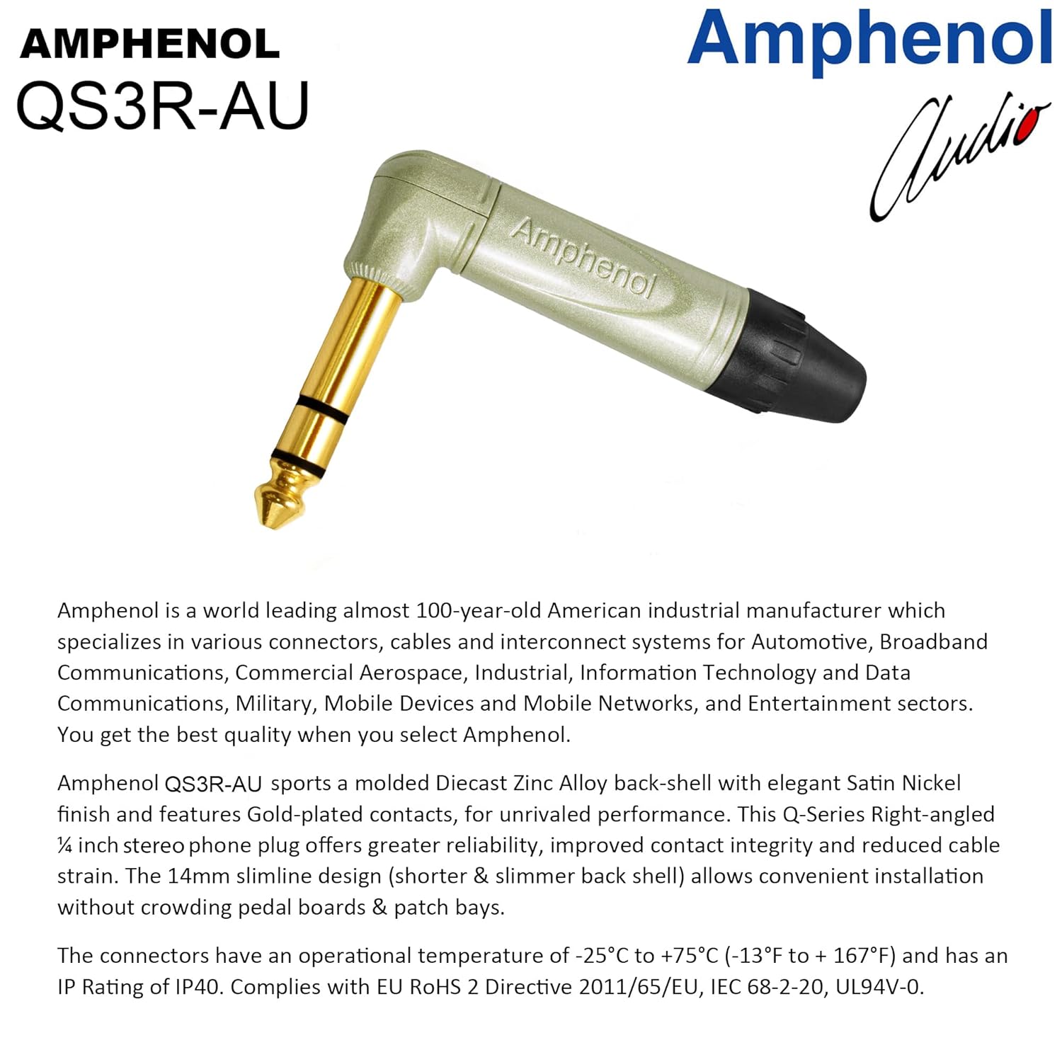 4 Units - 8 Foot - WBC-PRO-Quad Ultra-Silent Ultra-Flexible Balanced Star-Quad Cable with Amphenol QS3R-AU ¼ Inch (6.35mm) Gold Right-Angled TRS Stereo Phone Plugs & Black Tweed Jacket