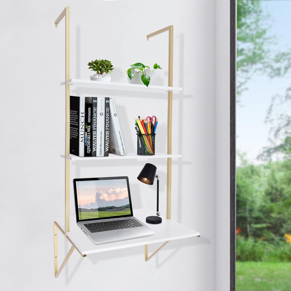Wall Mount Desk 3-Tier Ladder Computer Desk with Storage Bookshelf Wall Table Industrial Bookcase Desk Industrial Floating Shelves for Home Office White