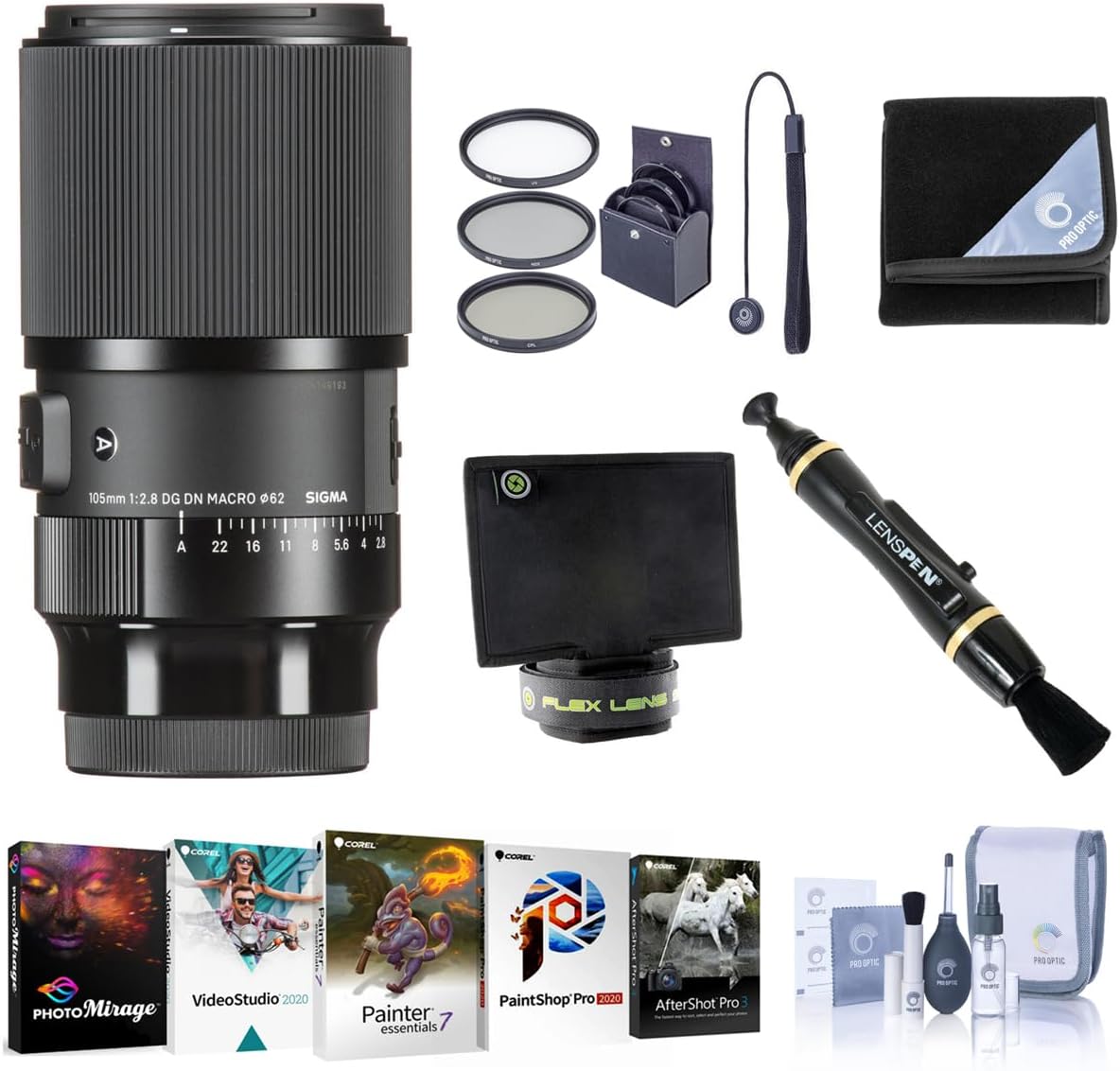 Sigma 105mm f/2.8 DG DN Art Macro Lens for Sony E, Bundle with PC Software Kit, 62mm Filter Kit, Lens Wrap, Lens Shade, Cleaner, Cleaning Kit, Lens Cap Tether