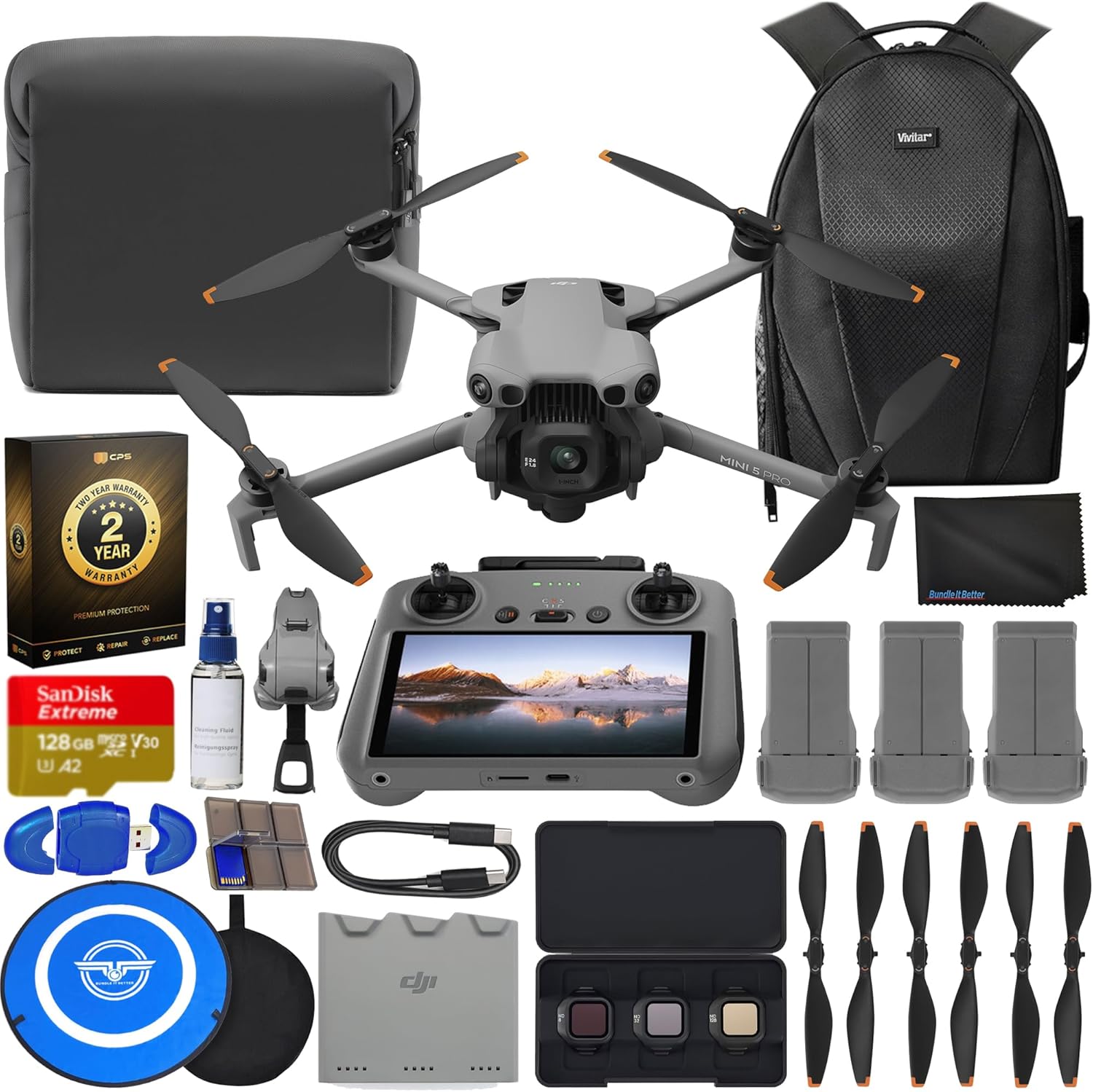 DJI Mini 5 Pro Drone Fly More Combo Plus with RC 2 Controller (With Screen) Folding Drone with 4K Video, Under 249g, 52 Mins Flight Time, 3 Batteries Bundle with 128GB Memory Card, CPS 2 Year Warranty + Pilot Kit