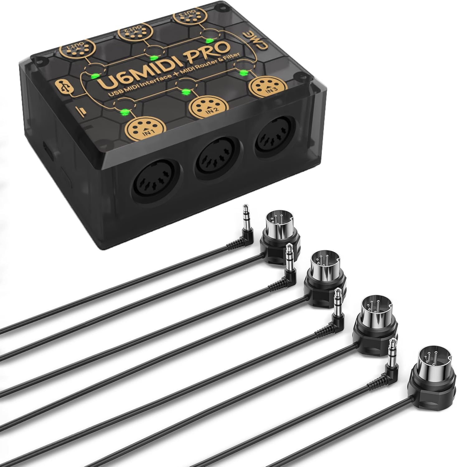 CME U6MIDI Pro + 4-Pack 3FT TRS 3.5 (A) MIDI Cables - MIDI Interface with Router, Mapper and Filter + 4-Pack TRS 3.5 Low-Profile MIDI cables