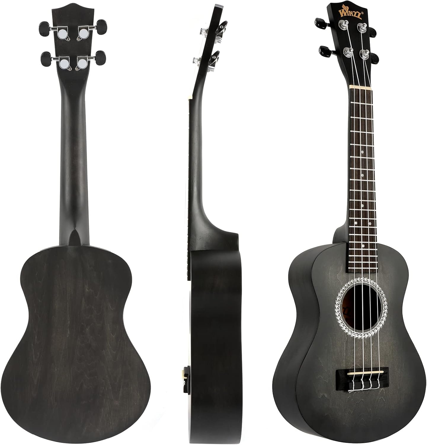 WINZZ HAND RUBBED Series - Concert Ukulele Vintage Hawaiian with Bag, Tuner, Strap, Extra Strings, Fingerboard Sticker, 23 Inches, Black