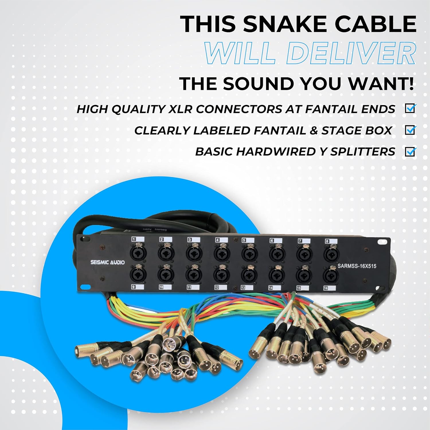 Seismic Audio SARMSS-16x515 Rack Mount 16 Channel XLR TRS Combo Splitter Snake Cable - 5' & 15' XLR trunks