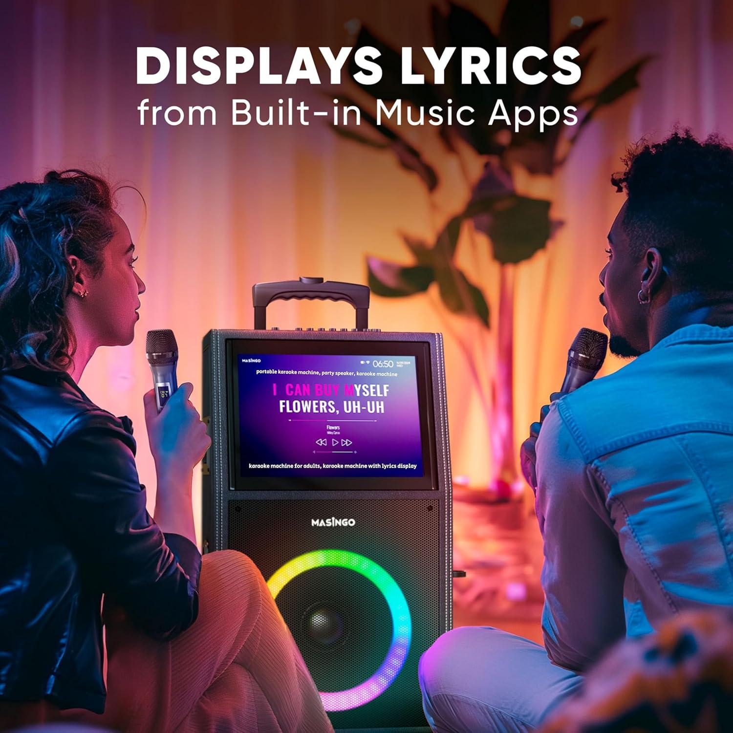 Professional Karaoke Machine with Lyrics Display Screen for Adults, 2 Wireless Microphones, LED Lights, Bluetooth Portable PA Speaker System with Upgraded Built in 15