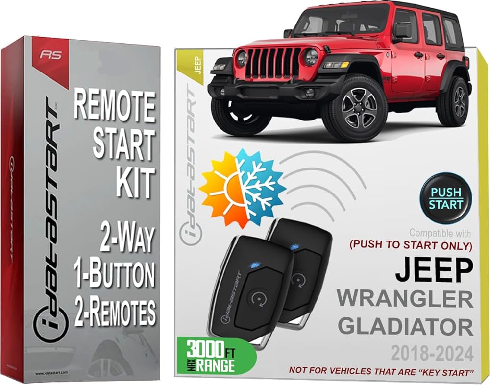 iDatastart 3000FT Range Remote Starter Kit for Jeep Wrangler (2018-2024) & Jeep Gladiator (2018-2024) | 🗹 Push-to-Start Ignition Models (2-Way, 1-Button)