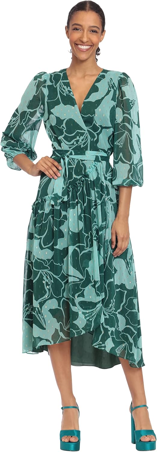 Donna Morgan Women's 3/4 Sleeve Wrap Midi Dress