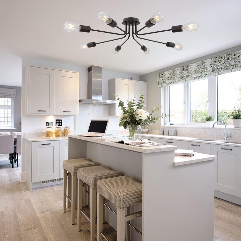 Modern 8 Light Ceiling Light Industrial Metal Oil Rubbed Bronze Sputnik Chandelier Semi Flush Mount Light for Dining Room Living Room Kitchen Bedroom Cafe Bar Hallway