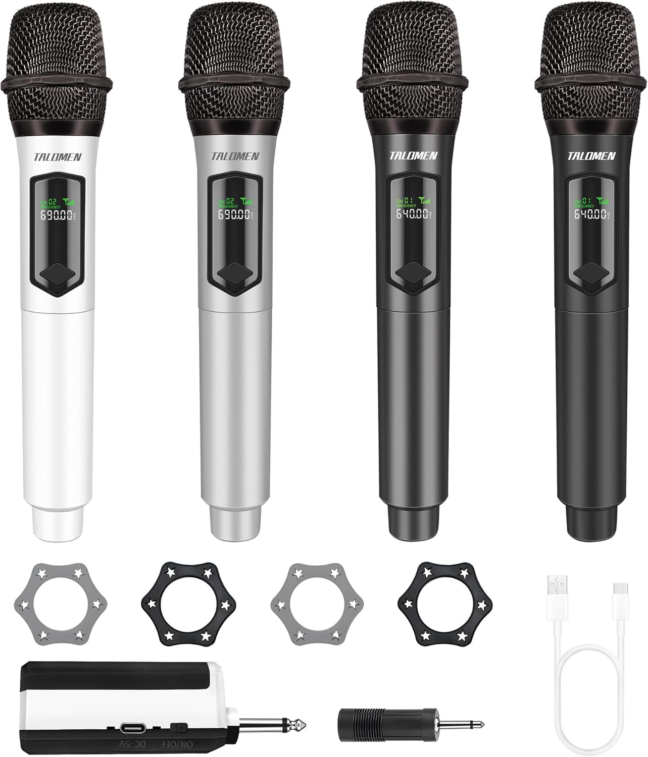 Wireless Microphone Set for Singing, 2.4GHz Rechargeable Handheld Microphones System with Receiver(160 Ft), 4 Pack Cordless Dynamic Mic for Speech & Events, Karaoke Machine, Speaker, PartyBox
