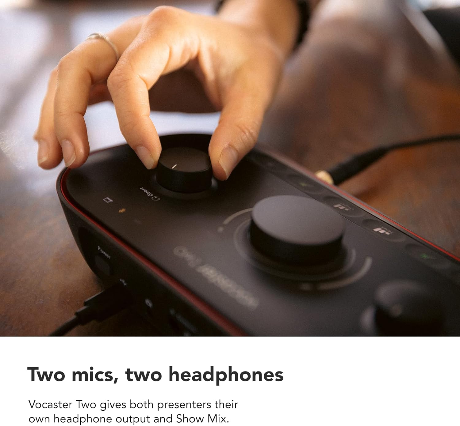 Focusrite Vocaster Two — Podcasting Interface for Recording Host and Guest. 2 Mic Inputs and Headphone Outputs, with Auto Gain, Enhance, and Mute. Small, Lightweight, and Powered by Computer