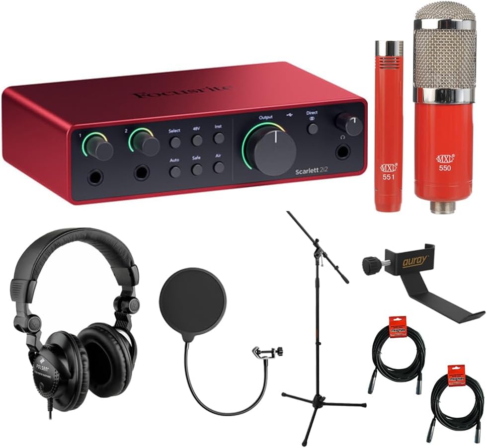 Focusrite Scarlett 2i2 USB-C Audio Interface (4th Gen) with MXL 550/551 Mic Ensemble (Red), Headphones, Pop Filter, Headphone Holder, Mic Stand & 2x XLR Cable Bundle