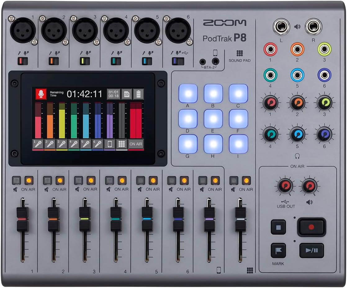 Zoom PodTrak P8 Podcast Recorder, 6 Microphone Inputs, 6 Headphone Outputs, Phone Input, Sound Pads, Onboard Editing, Record to SD card, USB Audio Interface, Battery Powered