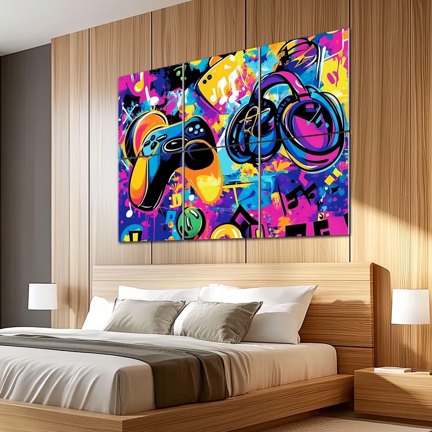 6 Pack Art Acoustic Panels Sound Absorbing Game Graffiti Controller Headphones Musical Notes Colorful Splashes Decorative Soundproof Wall Panels Self Adhesive for Recording Studios Office 72