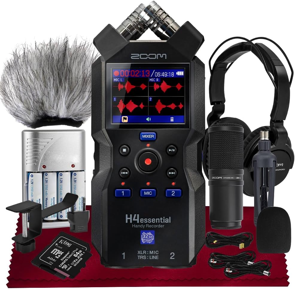 Zoom H4essential 4-Track Handy Recorder, 32-Bit Float, XY Mic, Accessibility, XLR/TRS Inputs with 64GB SD, Rechargeable Batteries, Podcast Mic Set, Mic Muff & More for Podcasting, Music & Interviews