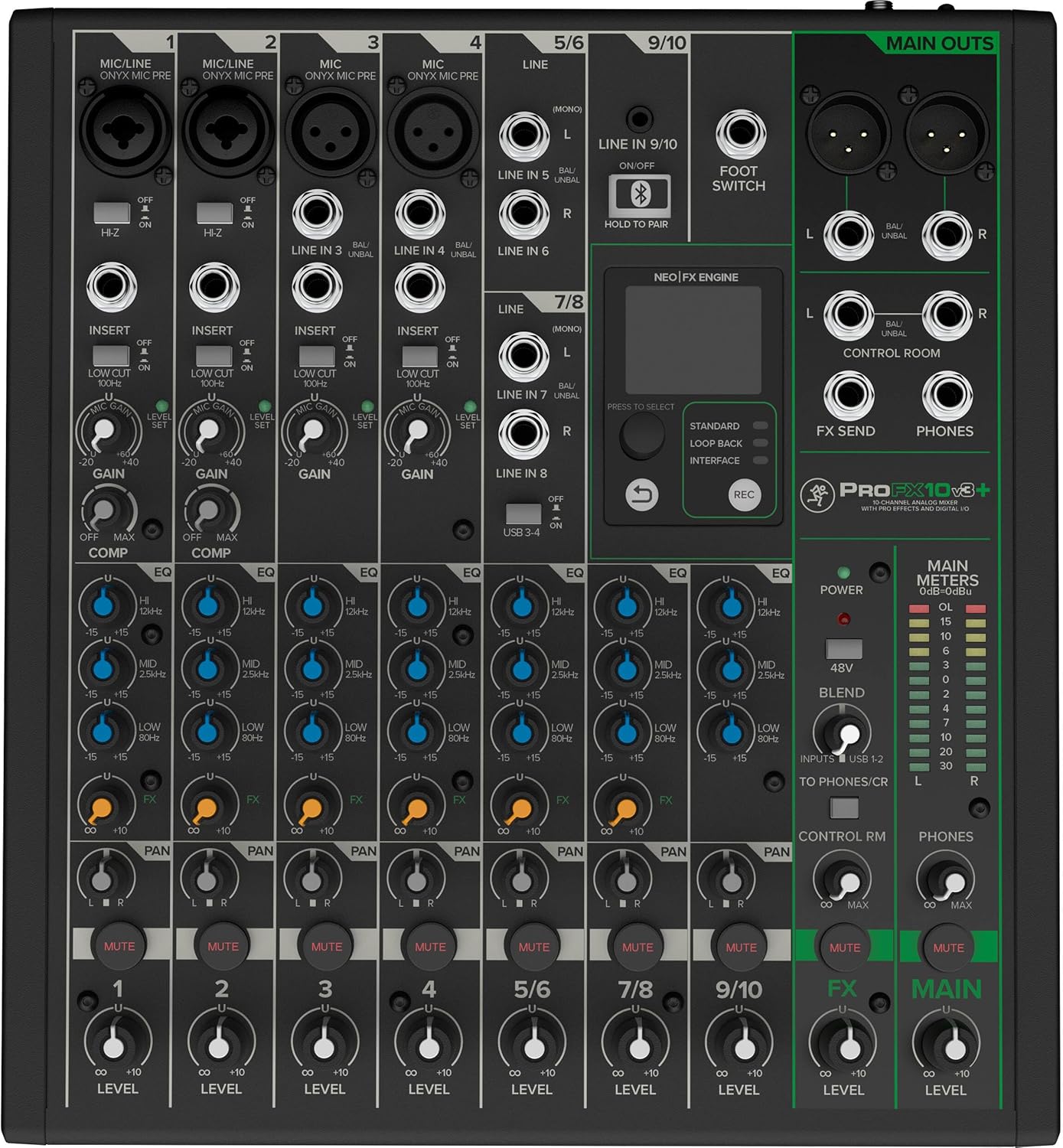 Mackie ProFX10v3+ 10-Channel Analog Mixer With Enhanced FX, USB Recording Modes, Bluetooth and Essential Cables