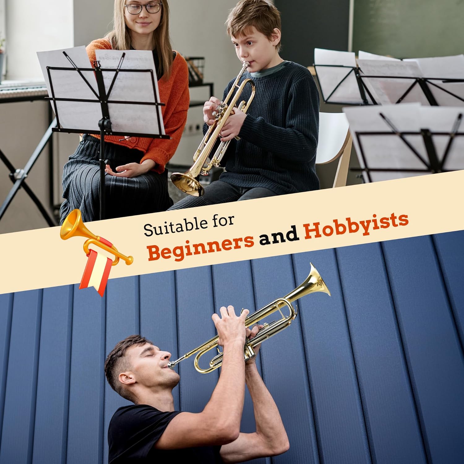 CAHAYA Bb Trumpet Instrument Trompeta: Brass Student Trumpet with Hard Case 7C Mouthpiece Gloves Standard Trumpets for Beginners or Advanced Students Gold