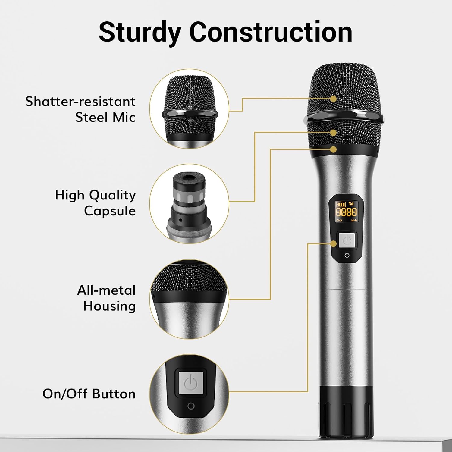 TONOR Wireless Microphones, 2 x 15 UHF Channels Professional Karaoke Microphone, Metal Handheld Cordless Dynamic Mic System for Home Party, Church, DJ, Wedding, Singing, Speech, 200ft TW820 Silver