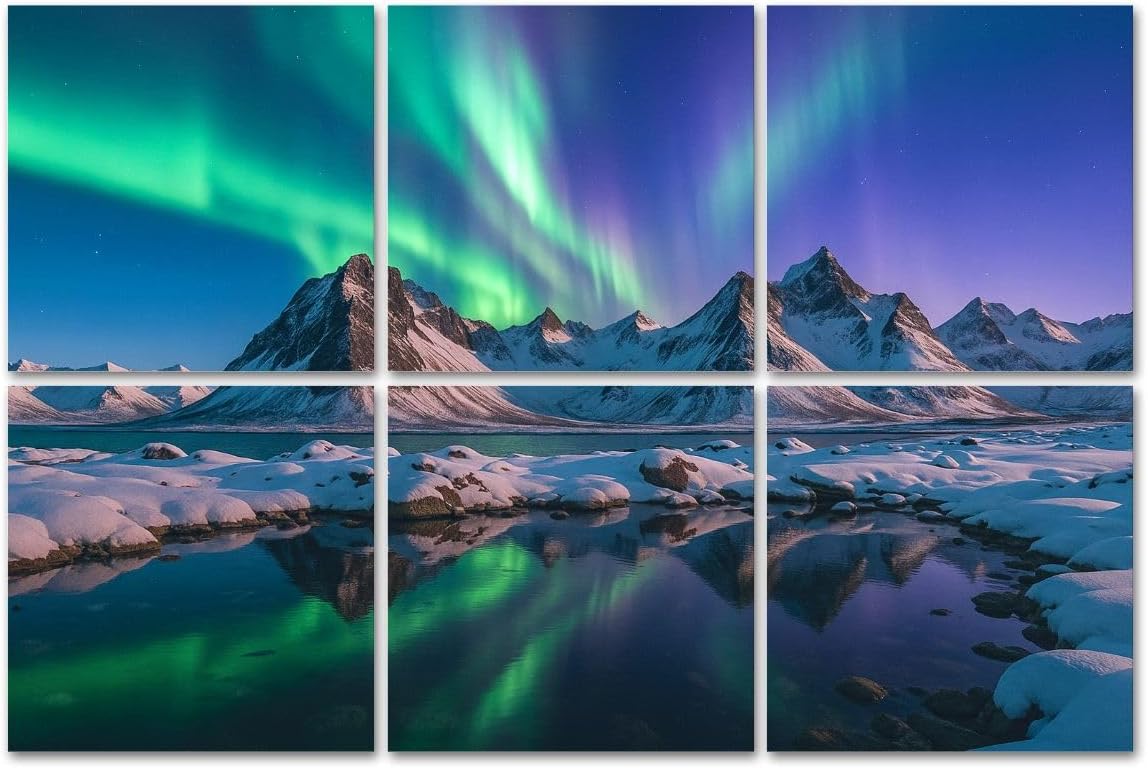 6 Pack Art Acoustic Panels Sound Absorbing Vibrant Aurora Snowy Mountains Reflected Calm Lake Green Purple Hues Decorative Soundproof Wall Panels Self Adhesive for Recording Studios Office 72