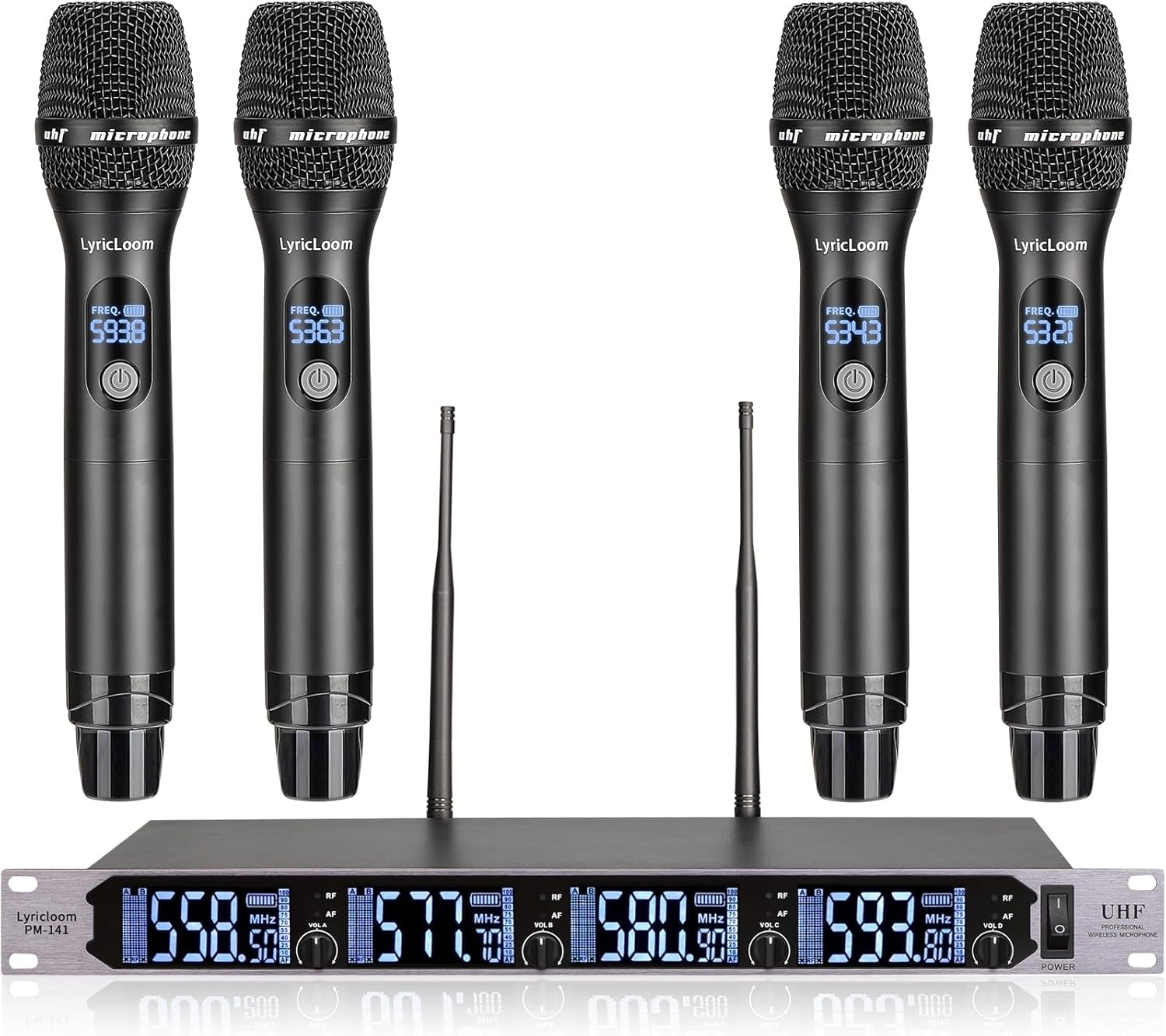LyricLoom Professional 4 Channel Wireless Microphone System, Metal Handheld Dynamic UHF Wireless Mics Set 4 Pack, Vocal Cordless Microphnes for Singing and Dj,Karaoke,Speaker,chrush,Long Range 300ft