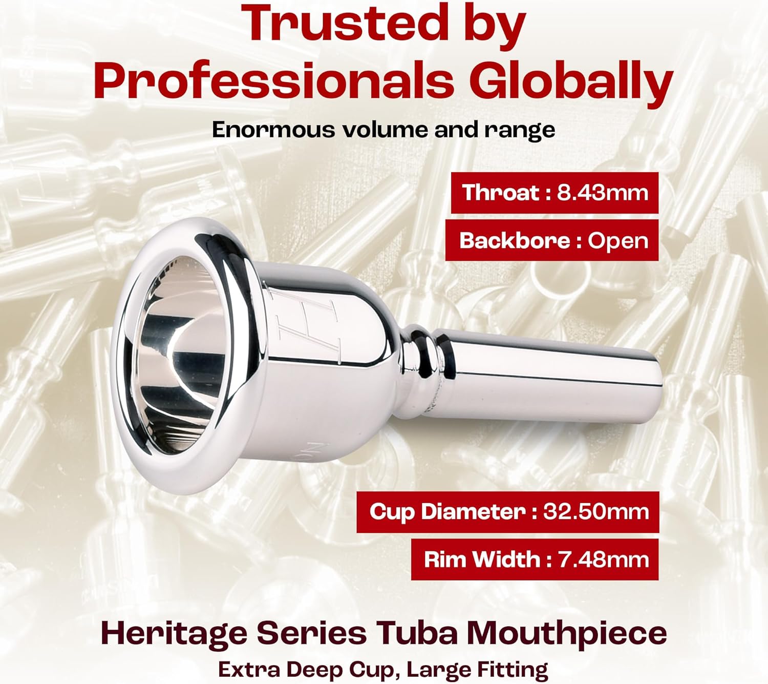 Denis Wick Heritage Tuba Mouthpiece Silver Plated, 2186-1L - Open Backbore for Balanced Airflow and Tone - Large Shank Fitting Tuba Accessories for Effortless Articulation 32.5 x 7.35 x 8.43mm