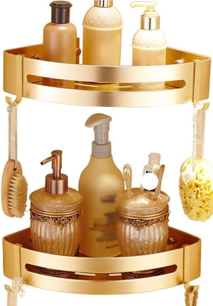 Shower shelf corner,corner shower caddy,Shower Shelf Racks Bathroom Corner Gold Shelf, Shower Caddy with Two Hooks, Self Adhesive Wall Mount with Screws Storage Shelves Triangle Baskets Shower Caddy(2