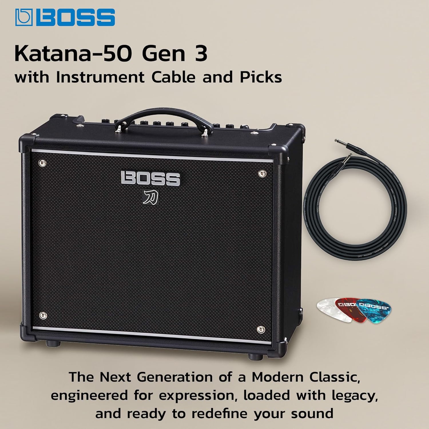 Boss Katana-50 Gen 3 50-Watt 1x12-Inch Guitar Combo Amplifier Bundle with Gearlux Instrument Cable and Picks