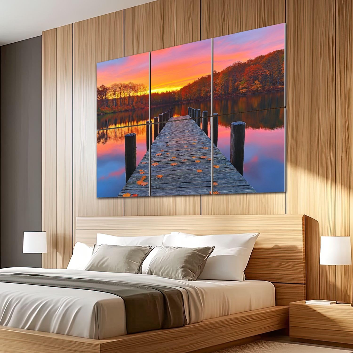 6 Pack Art Acoustic Panels Sound Absorbing Autumn Wooden Pier Leaves Calm Lake Sunset Forest Watercolor Realistic Decorative Soundproof Wall Panels Self Adhesive for Recording Studios Office 72