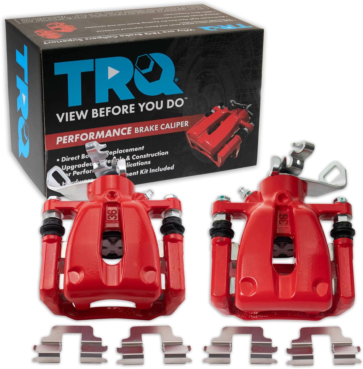 TRQ Performance Rear Driver and Passenger Side Brake Caliper Set Caliper Brackets Hardware Compatible with 09-13 Mini Cooper Without John Cooper Works Brake Package