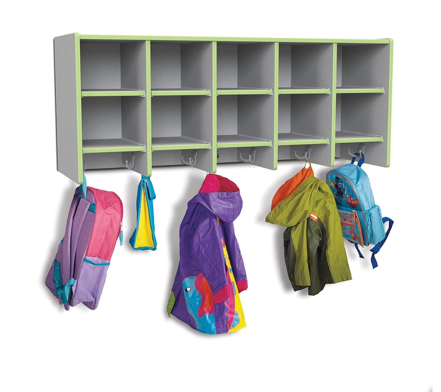 Jonti-Craft Rainbow Accents 0770JC130 10 Section Wall Mount Coat Locker - Without Trays - Key Lime Green
