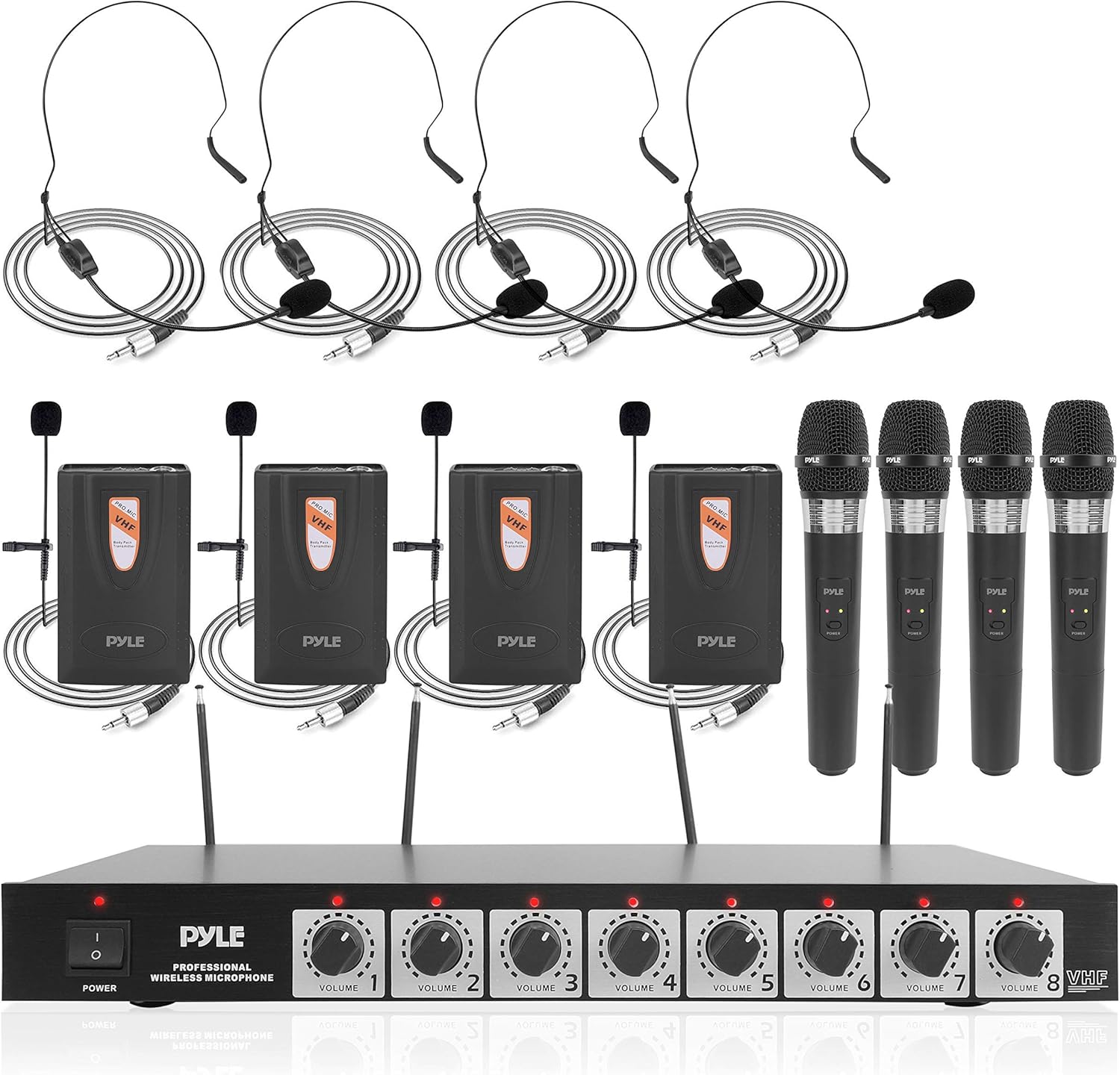 Pyle 8 Channel Wireless Microphone System - Professional VHF Audio Mic Set with Headset/Bodypack, 4 Clip Lavalier, 4 Handheld Mic for Church, Singing, Karaoke, Conference, DJ, 4 Transmitters