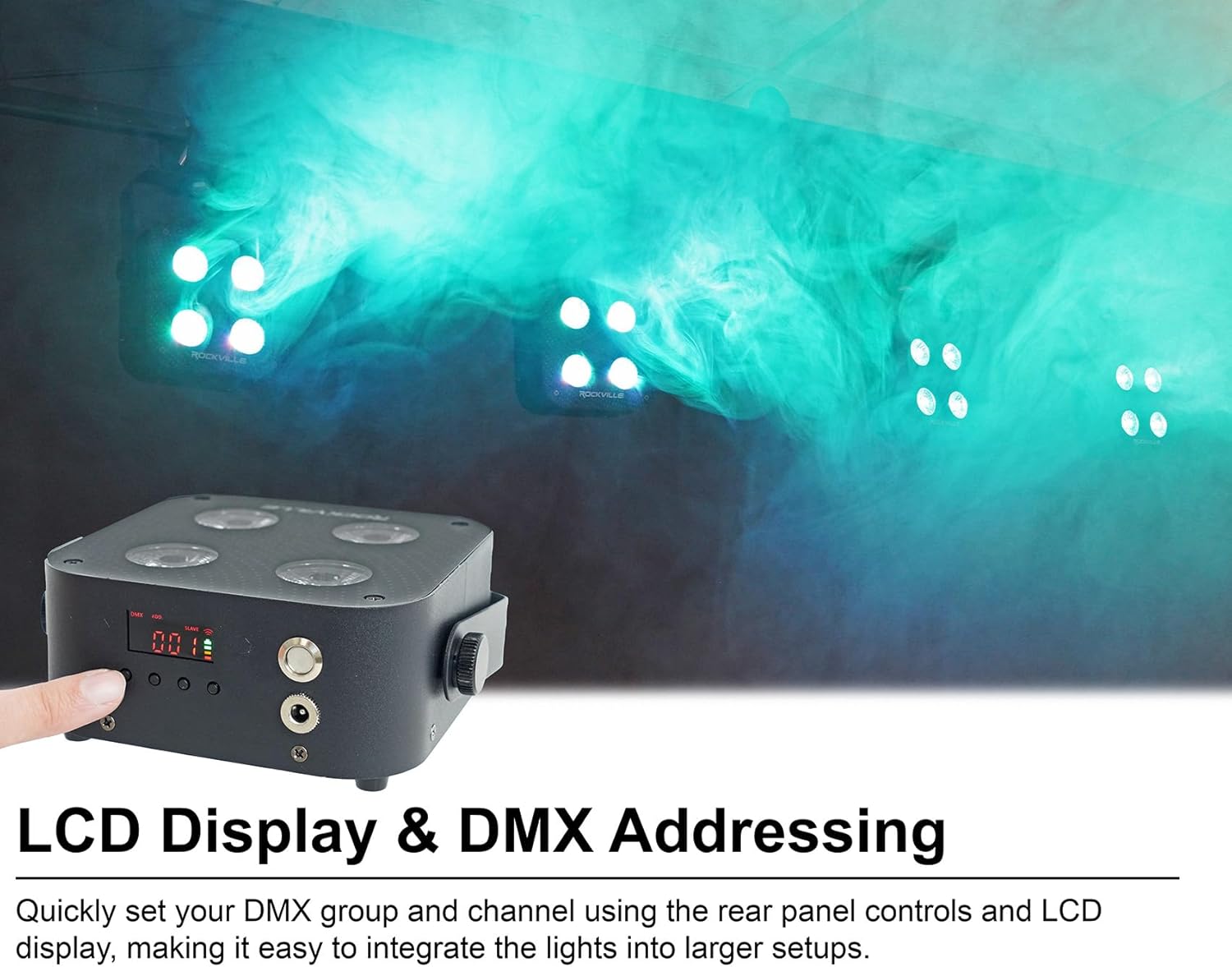 Rockville 4 Pack MINI RF4 V2 Black LED Wash Up Light, RGBWA+UV, Compact, App, Remote, LCD, Wireless DMX, Rechargeable, Perfect for DJ/Party Lighting