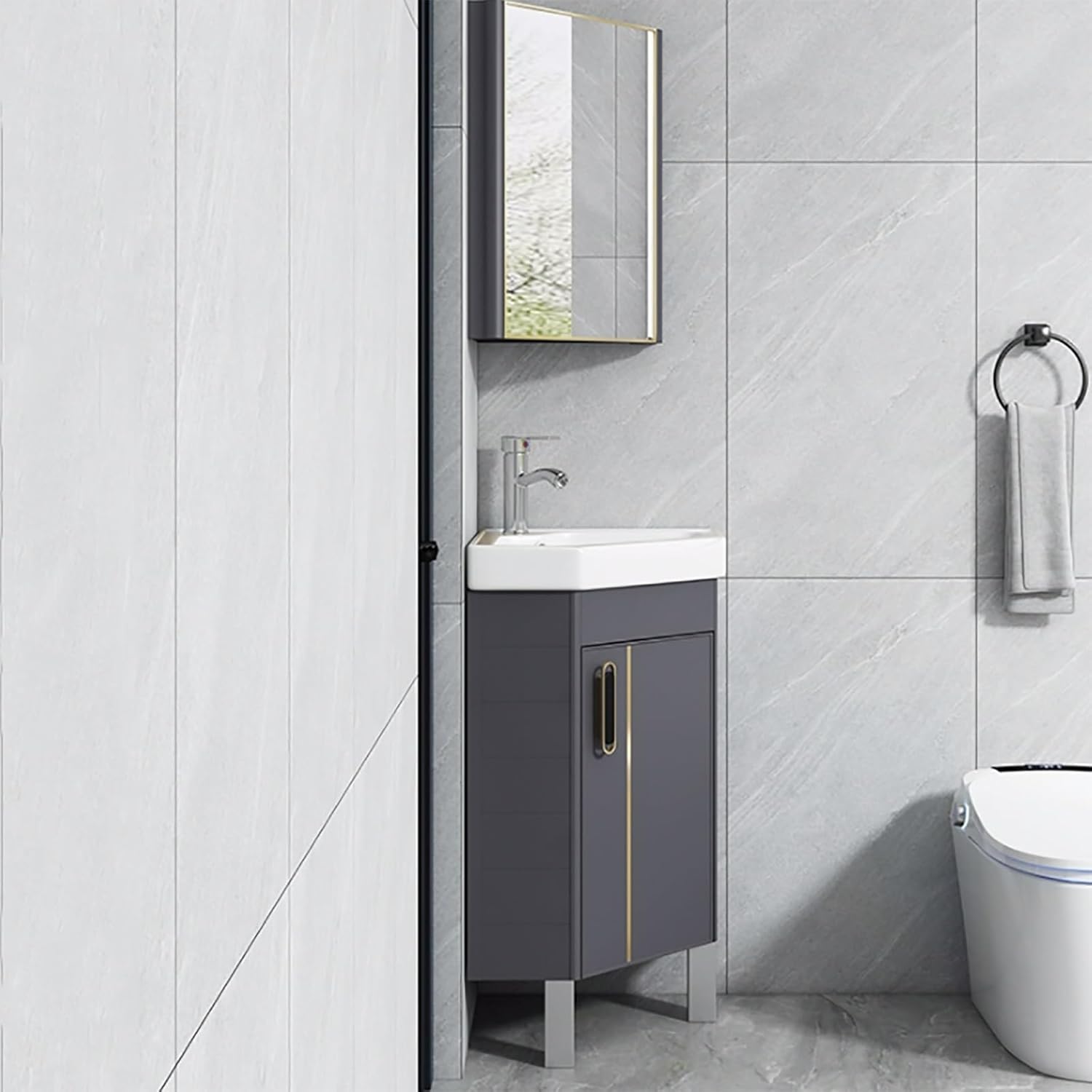 Corner Bathroom Vanity with Sink - Floor Standing, Wall Mount, Ceramic, Storage Container