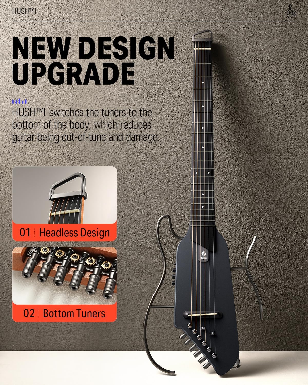 Guitar For Travel - Portable Ultra-Light and Quiet Performance Headless Acoustic-Electric Guitar, Black and Mini Guitar Amp Small Electric Amplifier 5W Portable