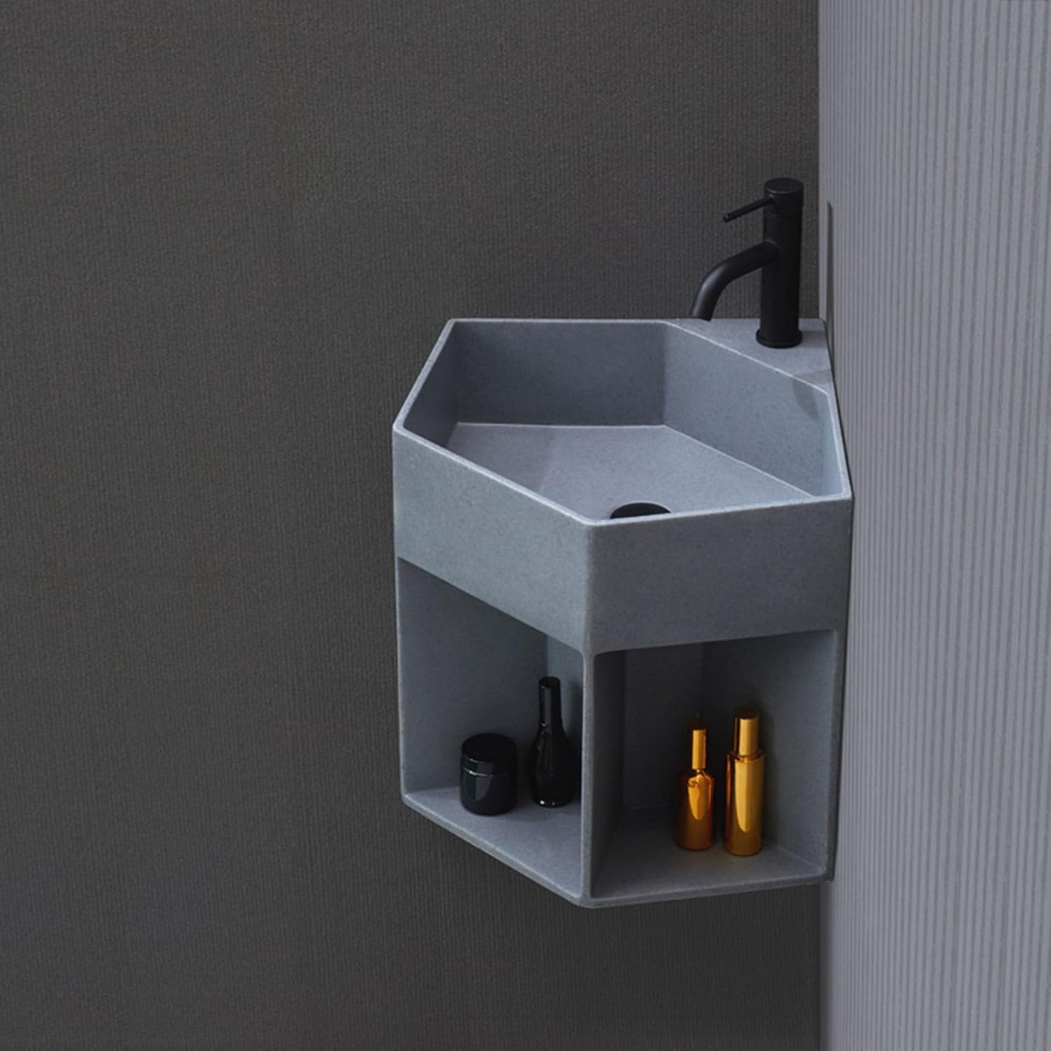 Bathroom Sink Corner, Corner Wall Mount Multifunctional Practical Ceramic Sink for Bathroom, Laundry Room, Living Room, Balcony,Grey