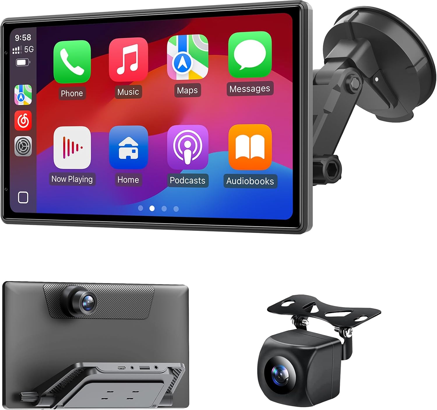 Wireless Portable Carplay Screen with 4K Dash Cam, Android Auto, 9'' Auto-Dimming Screen with Strongest Suction Mount, GPS Navigation for Car, 1080P Backup Camera, Loop Recording